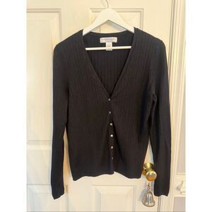 Sutton Studio for Bloomingdales Silk Ribbed Black Cardigan Sweater sz L EUC